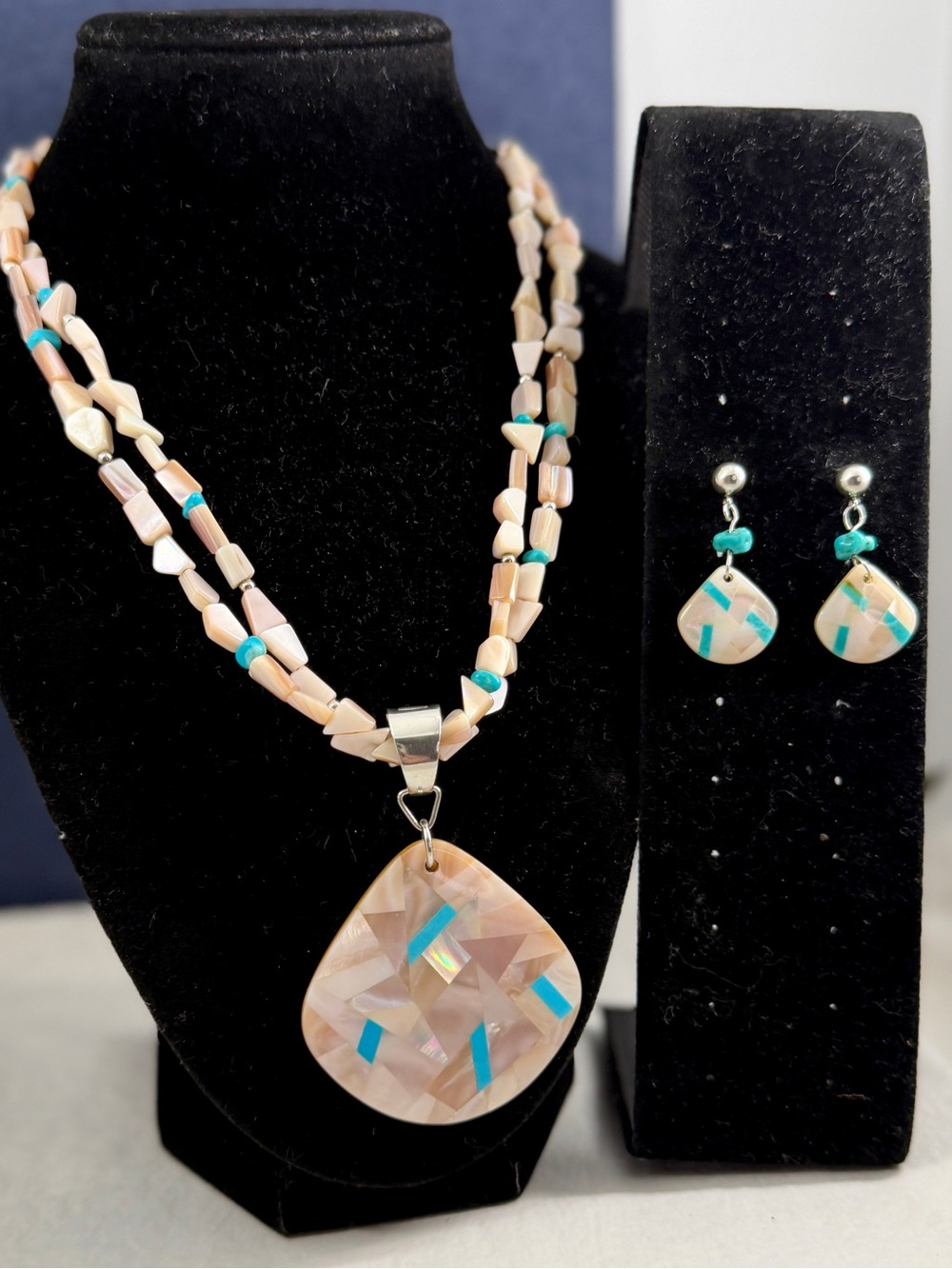 CAROLYN POLLACK Relios Sterling Silver MOP Turquoise Mosaic Necklace & Earrings